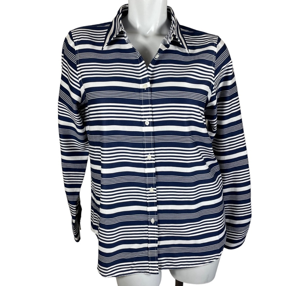 Chaps 100% Cotton No Iron Navy Blue & White Striped Long Sleeve Shirt in Large